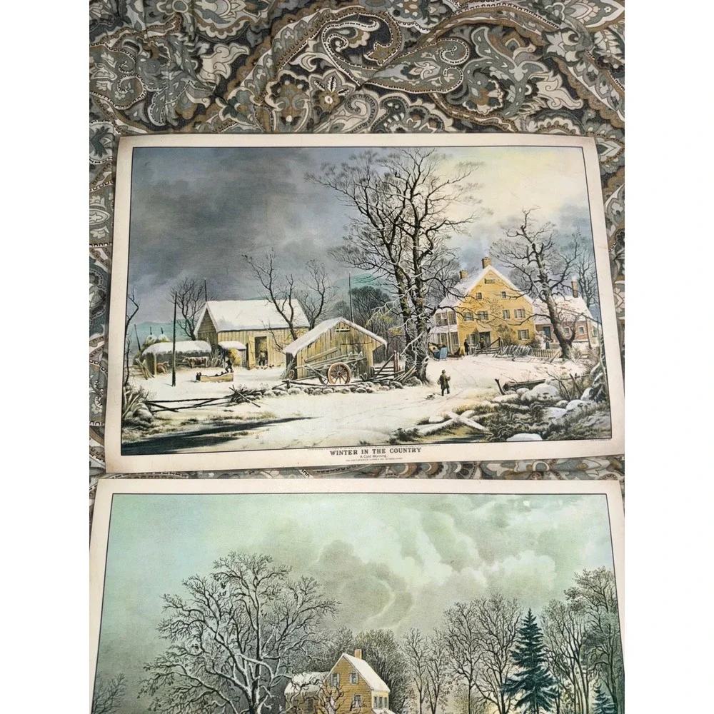 Vintage Currier and Ives Winter Scene Placemats Set of 4 Double Sided Christmas